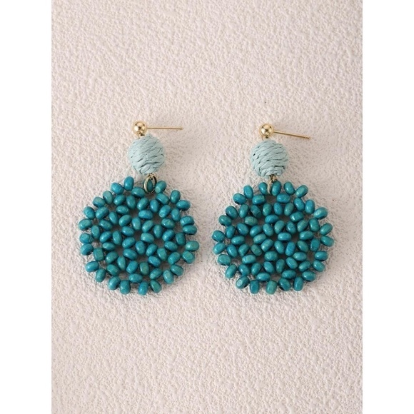 NEW Teal Wooden Beaded Drop Dangle Earrings Balls Vacation Resortwear Cruise - Picture 6 of 8